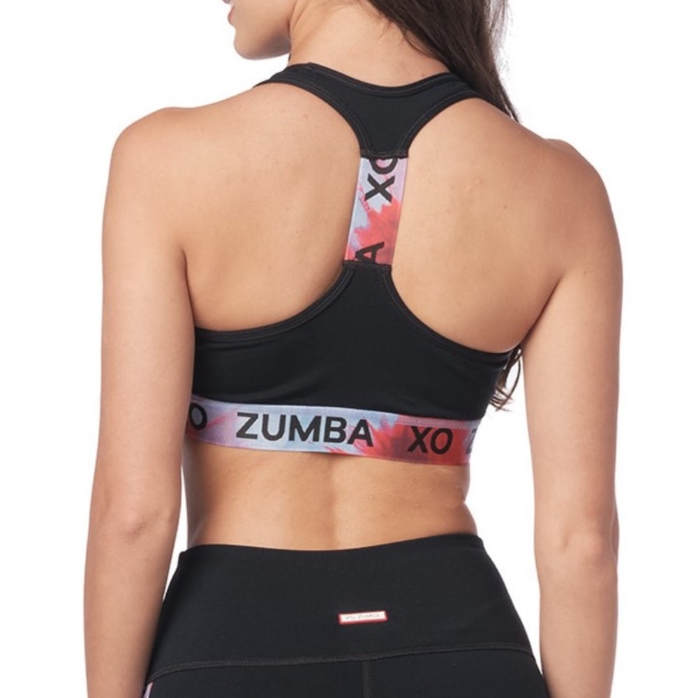 Zumba NWT Zumba Love Branded Colorful Band Accent Bold Black Scoop‎ Sports Bra